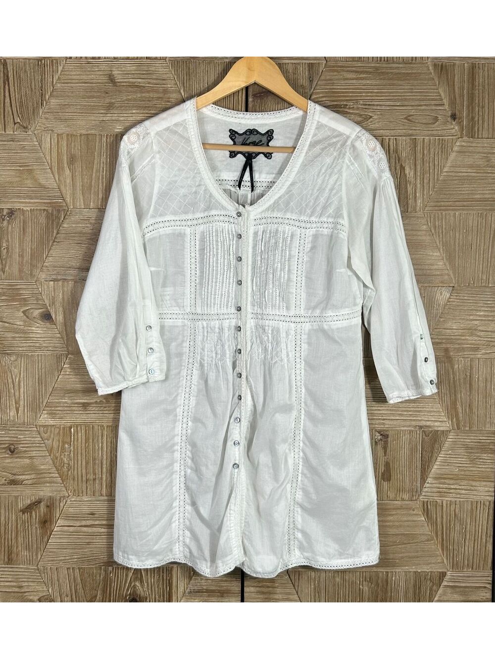 Verge White Cottagecore Cotton Lace Trim Button Front Tunic Top Size Small Boho